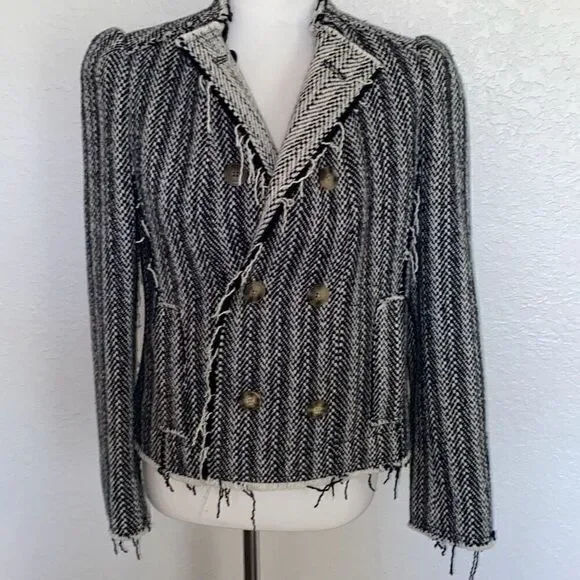 NWT Tory Burch Sammy Herringbone Tweed Raw Edge Double Breast Jacket Sz 8 - Picture 4 of 13